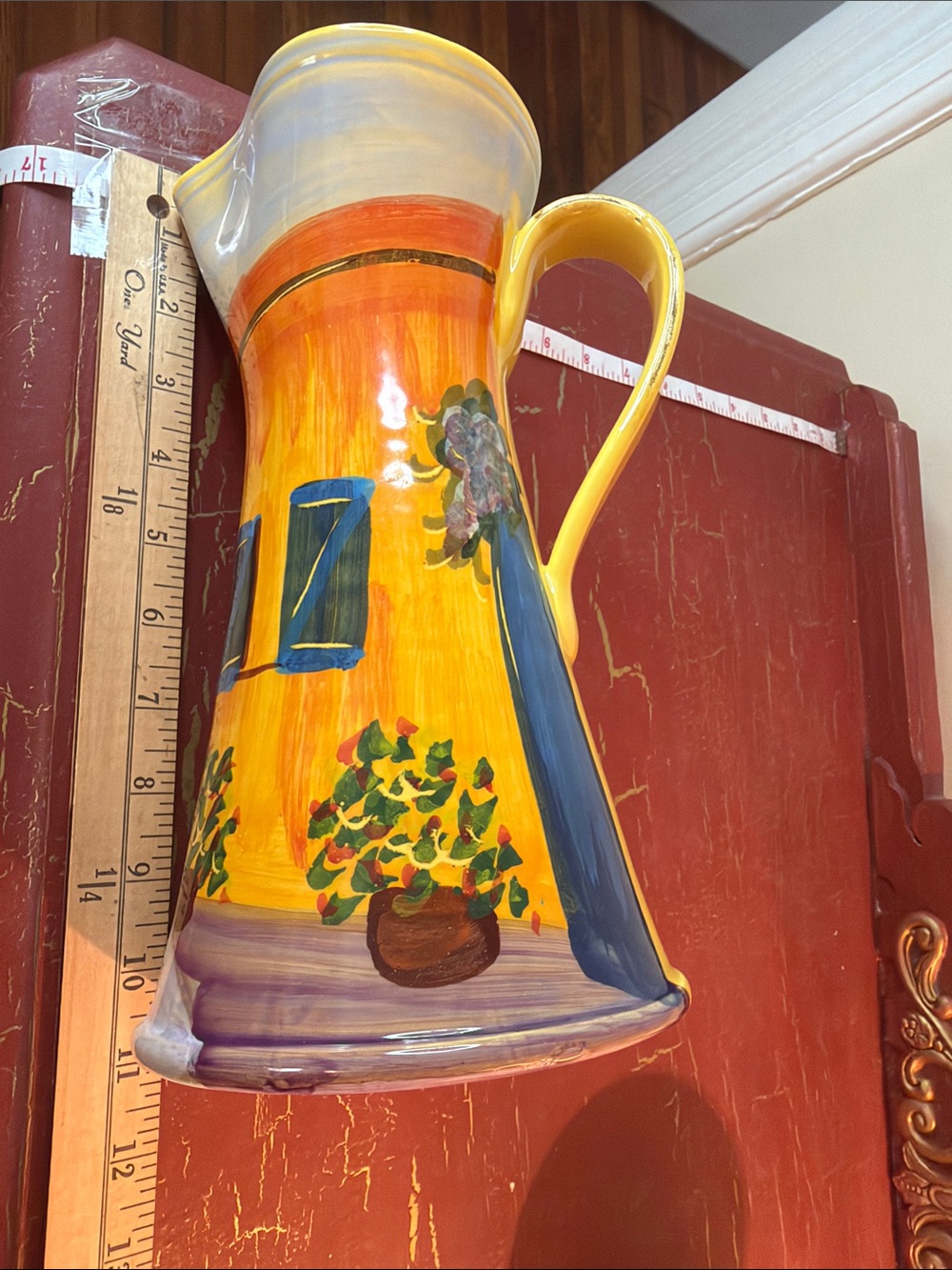 Vietri Yellow Ceramic Pitcher with Blue Trim and Floral Pots